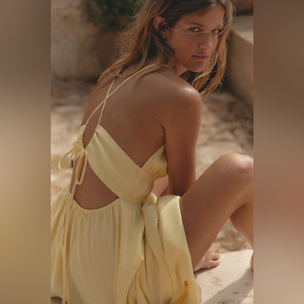 Zara NWT Yellow Flowy V Neck Halter Midi Summer Dress (Size XS) - Picture 5 of 10